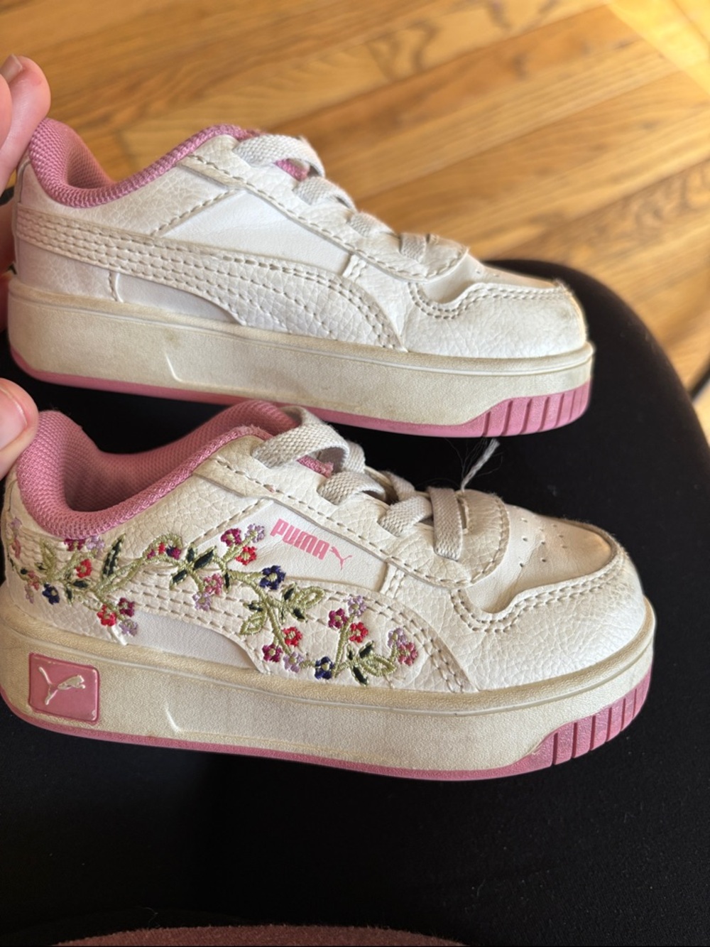 Puma Kids White Sneakers with Pink Trim and Floral Embroidery